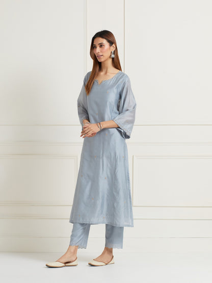 POWDER BLUE EMBROIDERED WITH HANDWORK CHANDERI KURTI WITH PANTS