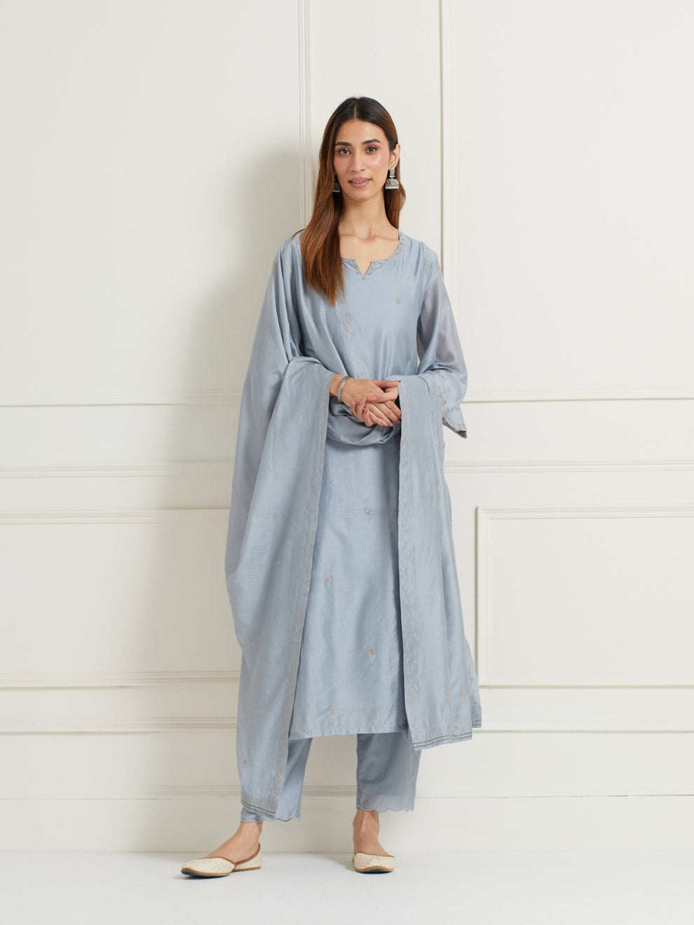 DHARYA POWDER BLUE EMBROIDERED WITH HANDWORK CHANDERI KURTI WITH PANTS ...