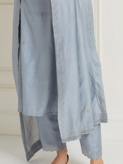 POWDER BLUE EMBROIDERED WITH HANDWORK CHANDERI KURTI WITH PANTS