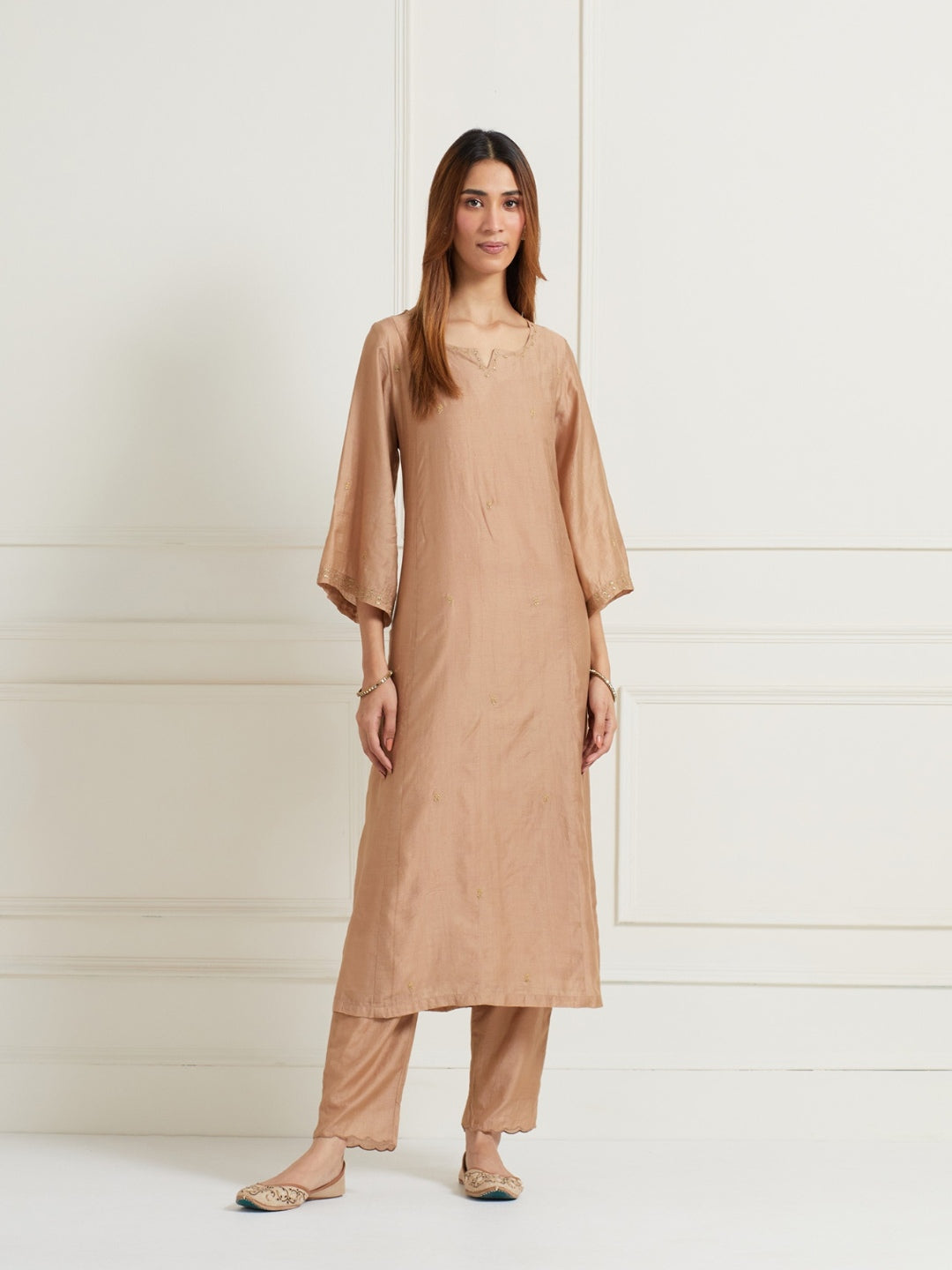 GOLDEN BROWN EMBROIDERED WITH HANDWORK CHANDERI KURTI WITH PANTS AND DUPATTA (SET OF THREE)