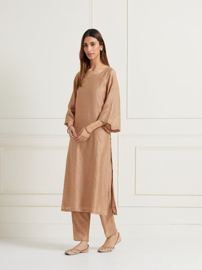 GOLDEN BROWN EMBROIDERED WITH HANDWORK CHANDERI KURTI WITH PANTS AND DUPATTA (SET OF THREE)