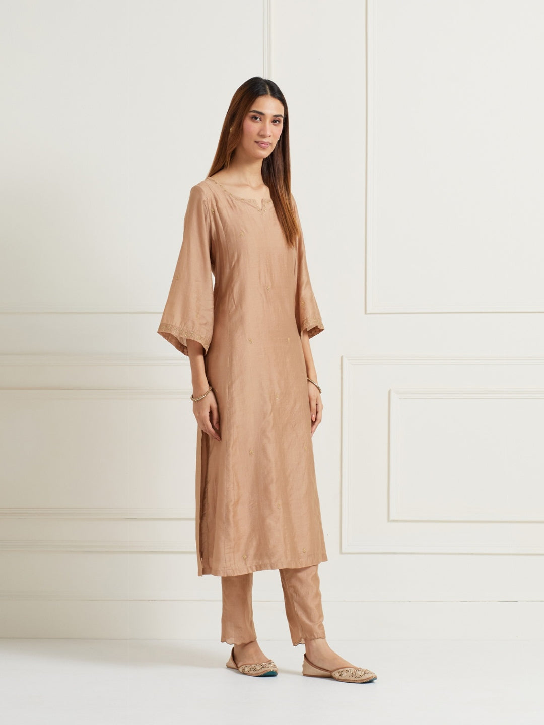 GOLDEN BROWN EMBROIDERED WITH HANDWORK CHANDERI KURTI WITH PANTS AND DUPATTA (SET OF THREE)
