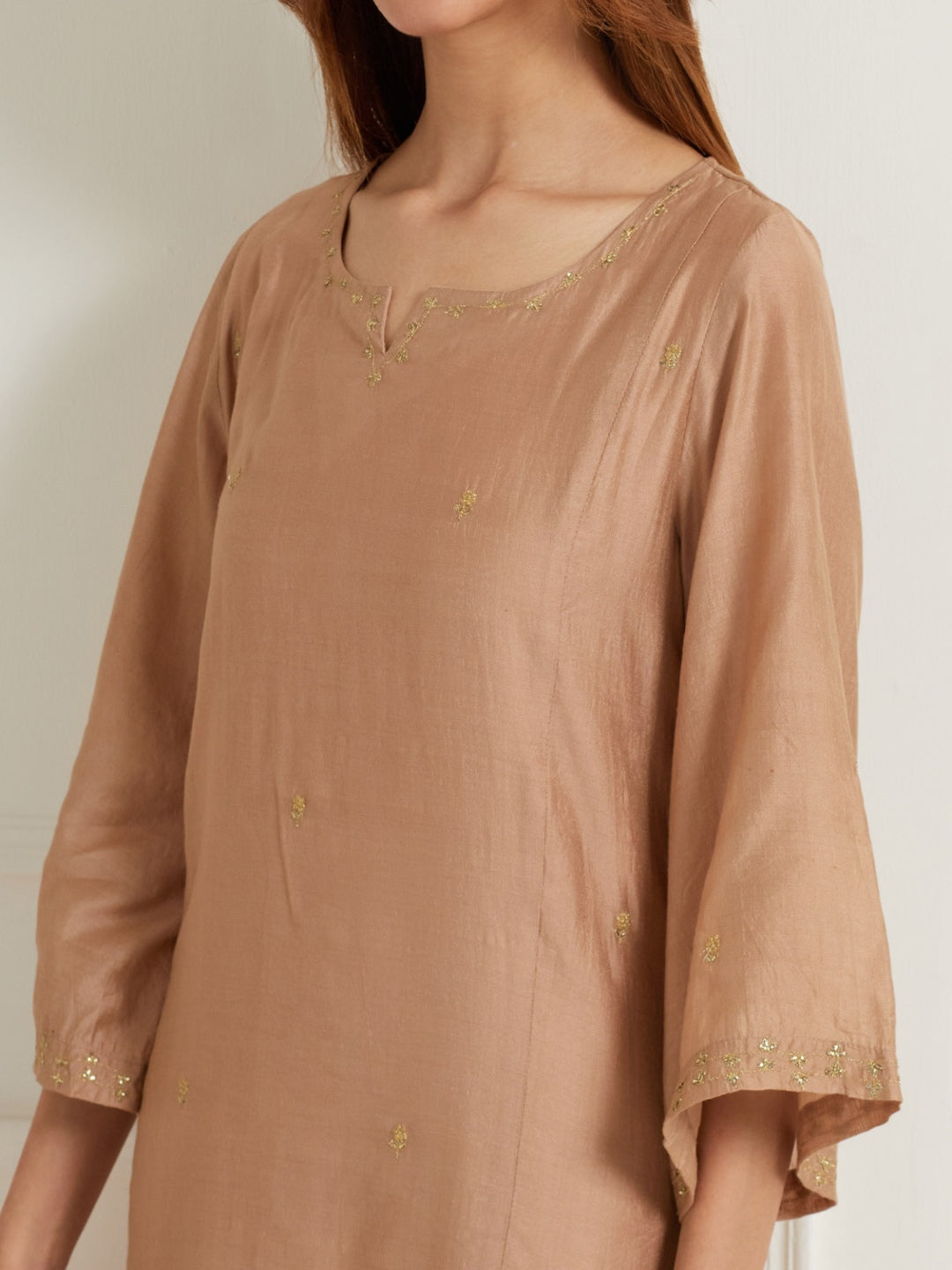 GOLDEN BROWN EMBROIDERED WITH HANDWORK CHANDERI KURTI WITH PANTS AND DUPATTA (SET OF THREE)