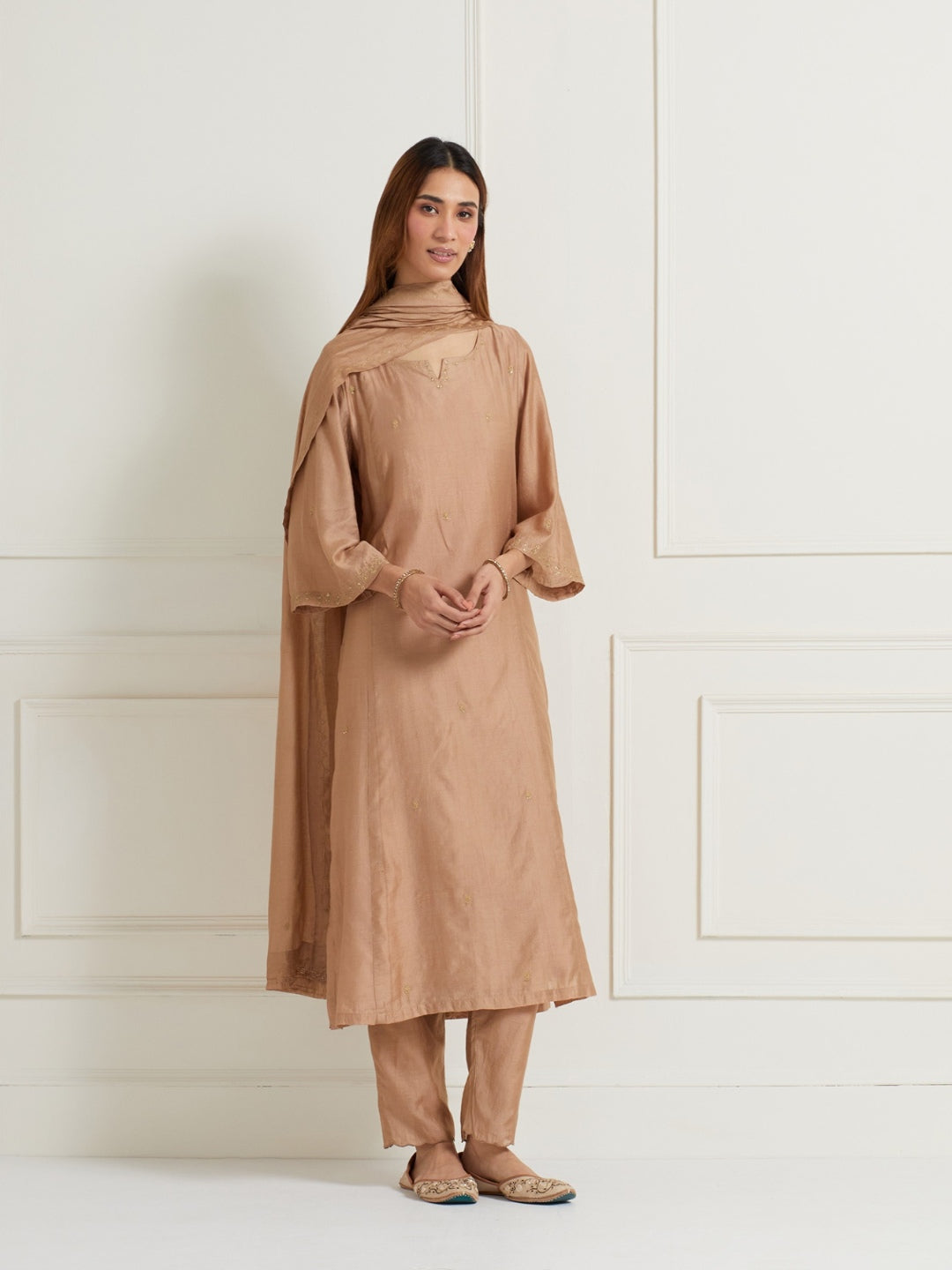 GOLDEN BROWN EMBROIDERED WITH HANDWORK CHANDERI KURTI WITH PANTS AND DUPATTA (SET OF THREE)