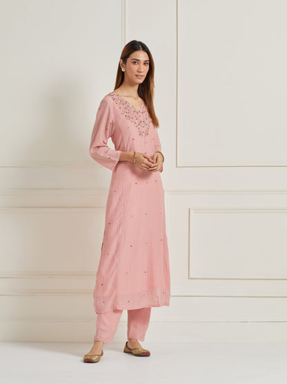 LIGHT PINK EMBROIDERED & EMBELLISHED KURTI