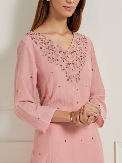 LIGHT PINK EMBROIDERED & EMBELLISHED KURTI WITH PANTS