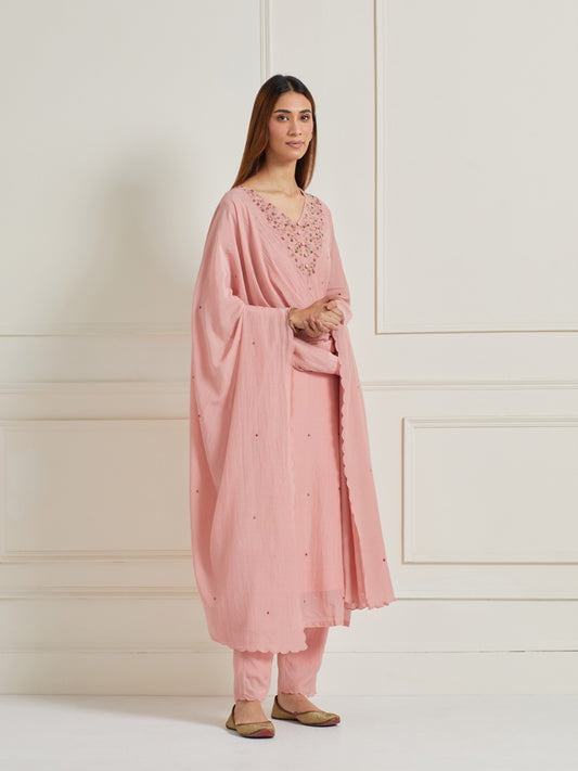 LIGHT PINK EMBROIDERED & EMBELLISHED KURTI WITH PANTS
