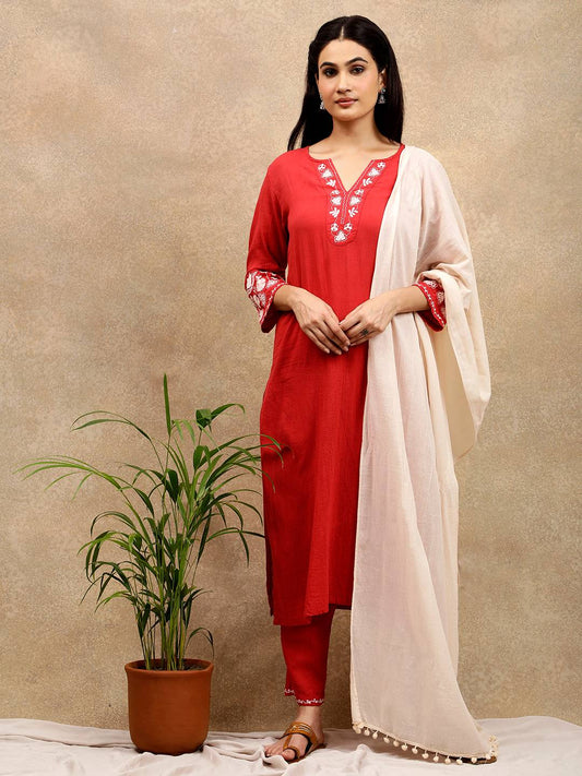 RED CONTRAST EMBROIDERED KURTA WITH PANTS