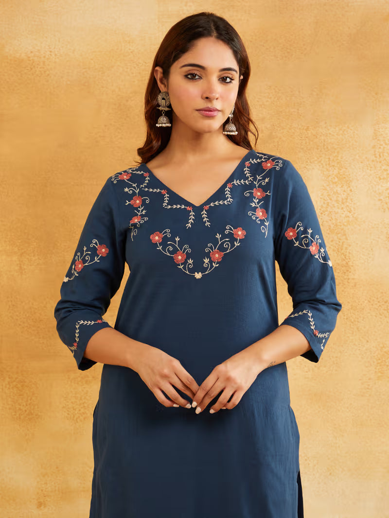 Blue Embroidered Cotton Linen Kurta with Pants