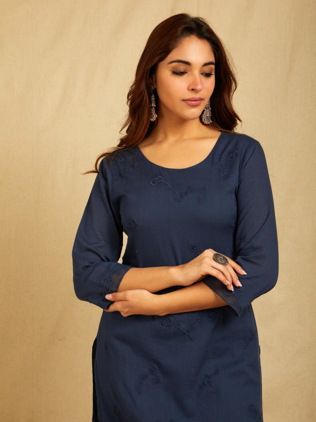 Navy Blue Tonal Applique Embroidered Kurta With Scalloped Pants And Dupatta