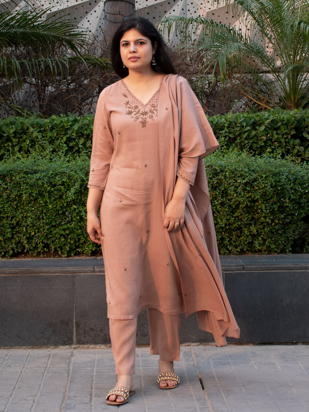 Dusky Pink V-Neck Embellished Kurta Set with Pant and Dupatta