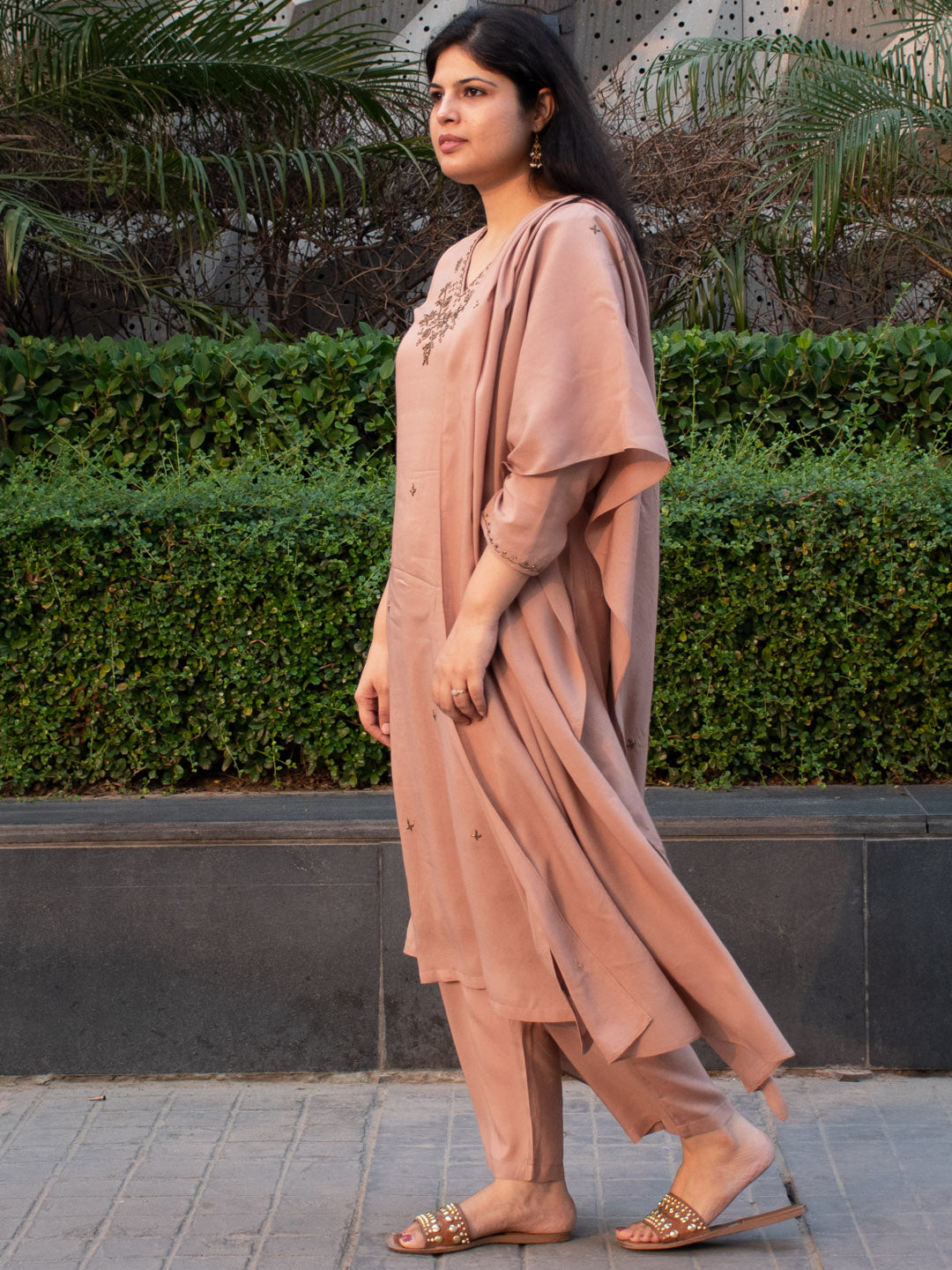 Dusky Pink V-Neck Embellished Kurta Set with Pant and Dupatta