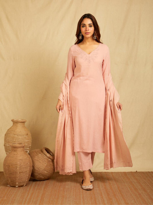 Pink V-Neck Embroidered Kurta With Pants And Embroidered Dupatta