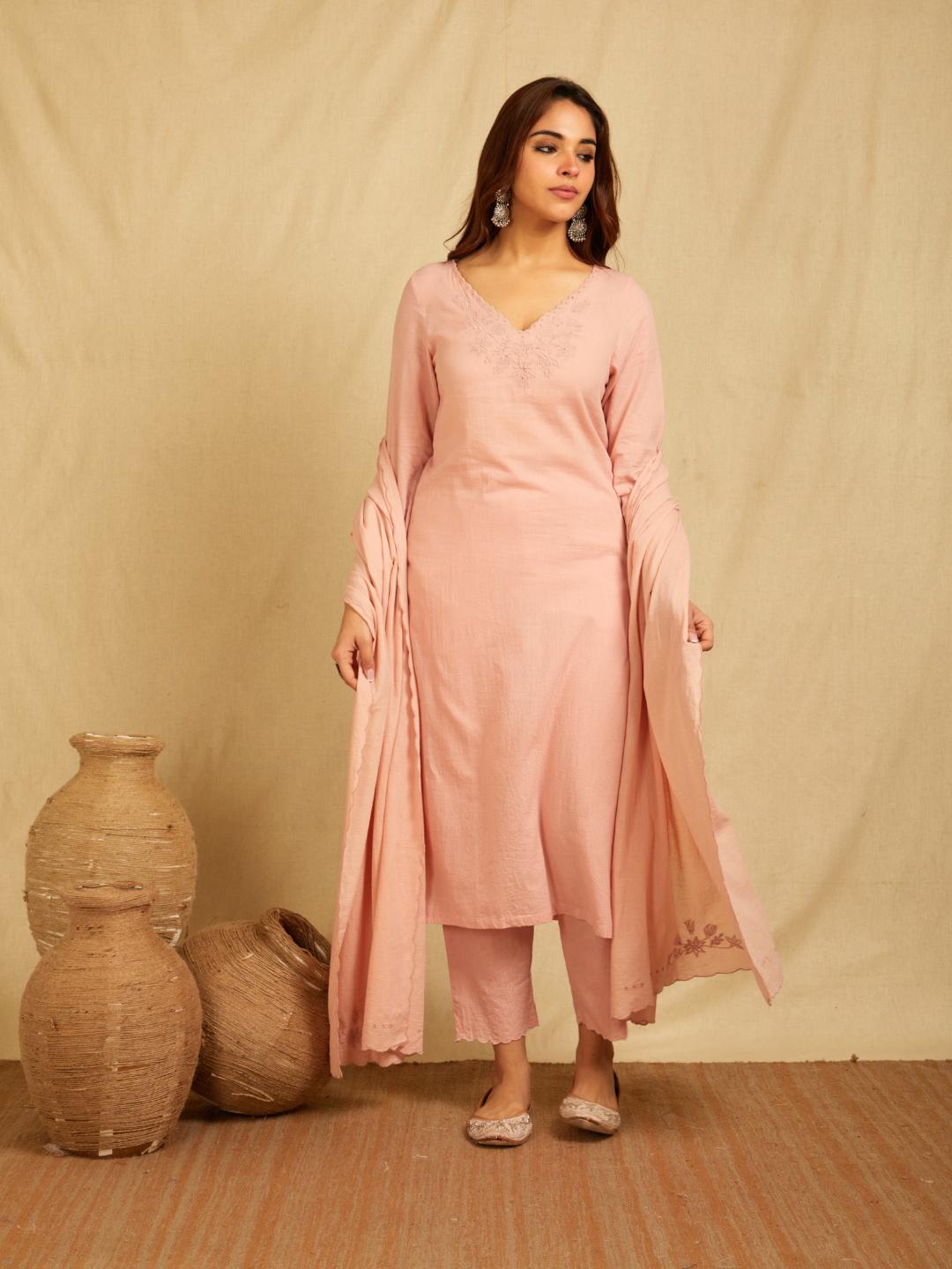 Pink V-Neck Embroidered Kurta With Pants And Embroidered Dupatta