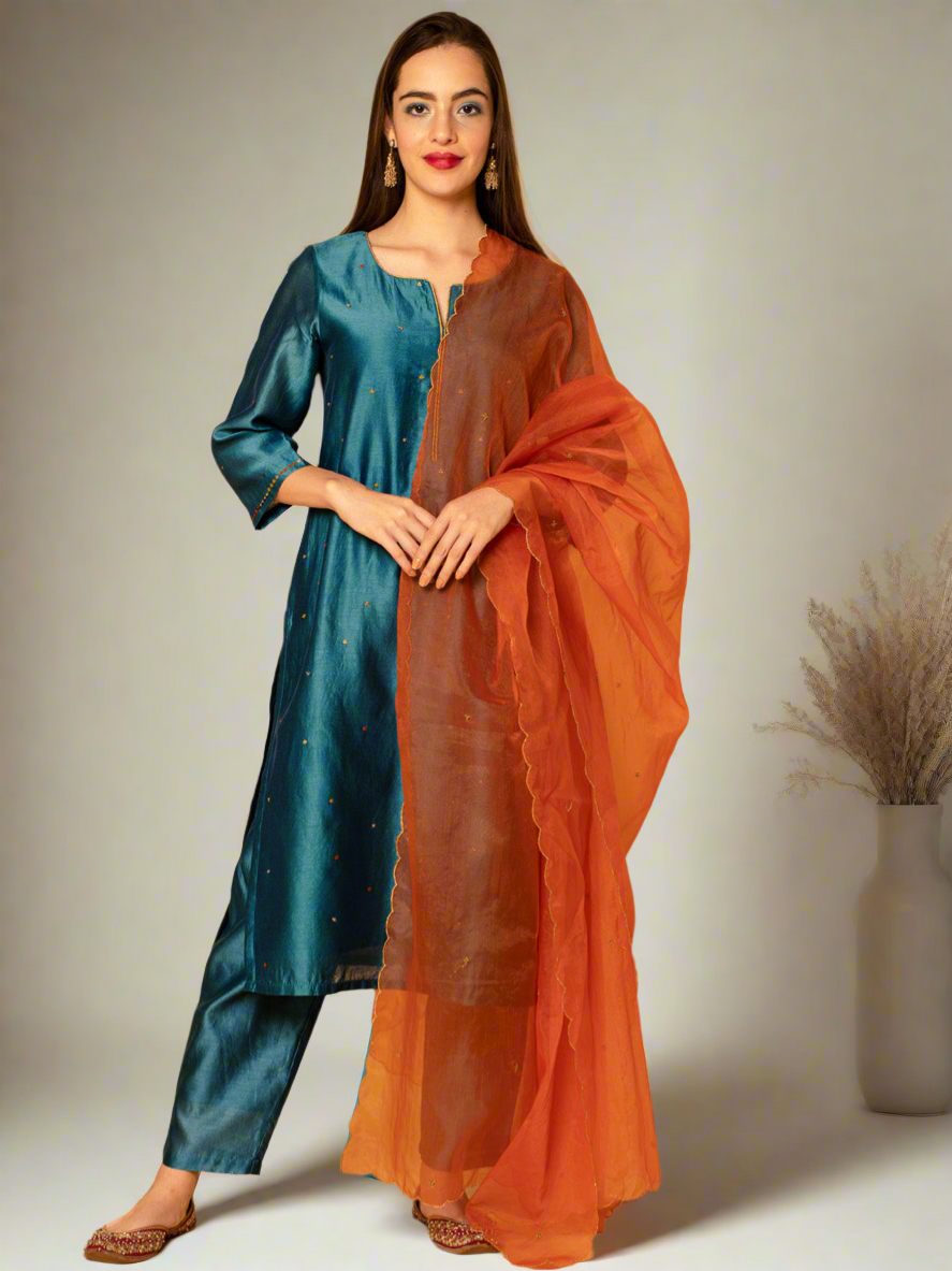 TEAL BLUE SEQUINS EMBROIDERED CHANDERI KURTA WITH PANTS