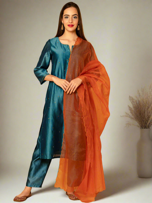 TEAL BLUE SEQUINS EMBROIDERED CHANDERI KURTA WITH PANTS