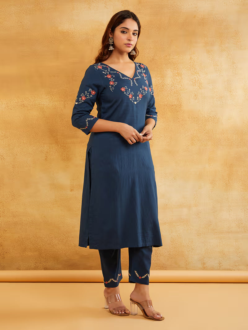 Blue Embroidered Cotton Linen Kurta with Pants