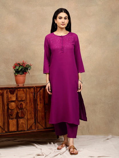 BURGUNDY CUTWORK EMBROIDERED COTTON KURTA WITH PANTS