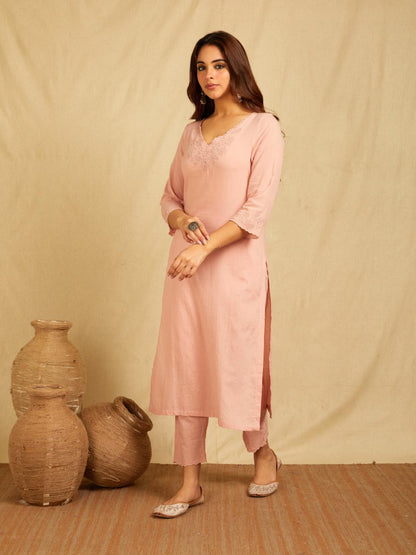 Pink V-Neck Embroidered Kurta With Pants And Embroidered Dupatta