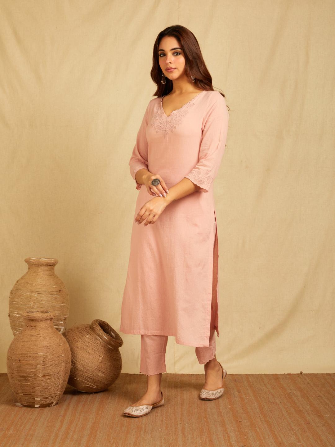 Pink V-Neck Embroidered Kurta with Pants
