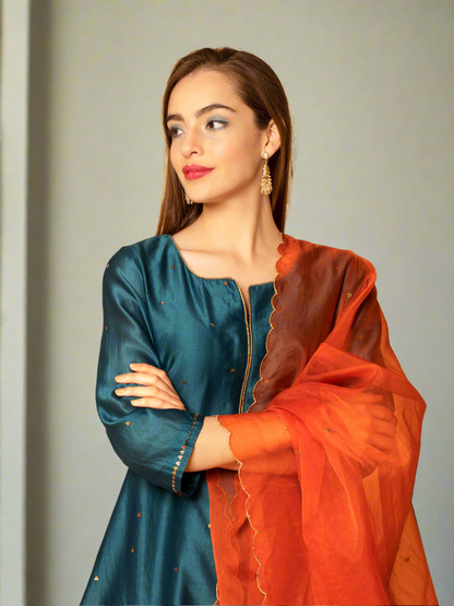 TEAL BLUE SEQUINS EMBROIDERED CHANDERI KURTA WITH PANTS