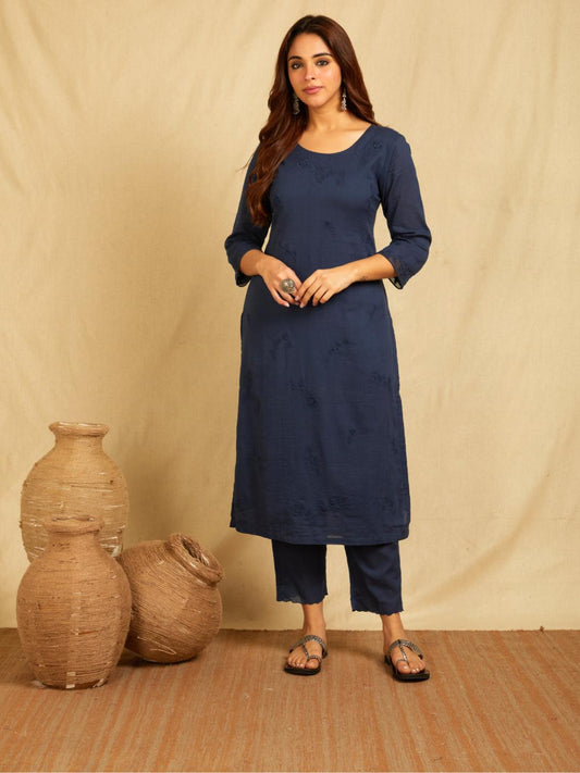Navy Blue Tonal Applique Embroidered Kurta With Scalloped Pants