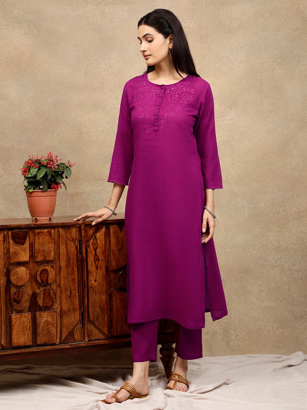BURGUNDY CUTWORK EMBROIDERED COTTON KURTA WITH PANTS
