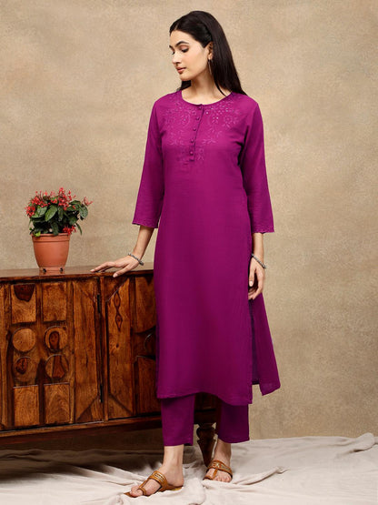 BURGUNDY CUTWORK EMBROIDERED COTTON KURTA WITH PANTS
