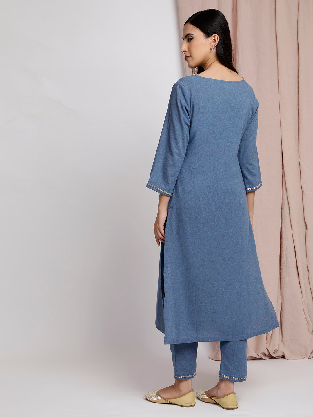 BLUE COTTON APPLIQUE EMBROIDERED KURTA