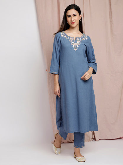 BLUE COTTON APPLIQUE EMBROIDERED KURTA