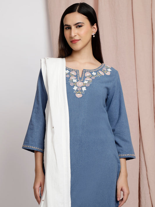 BLUE COTTON APPLIQUE EMBROIDERED KURTA WITH PANTS