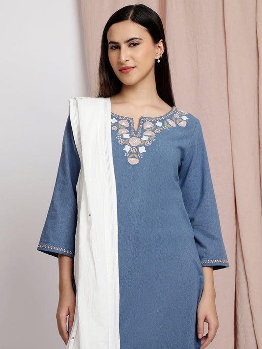 BLUE COTTON APPLIQUE EMBROIDERED KURTA WITH PANTS