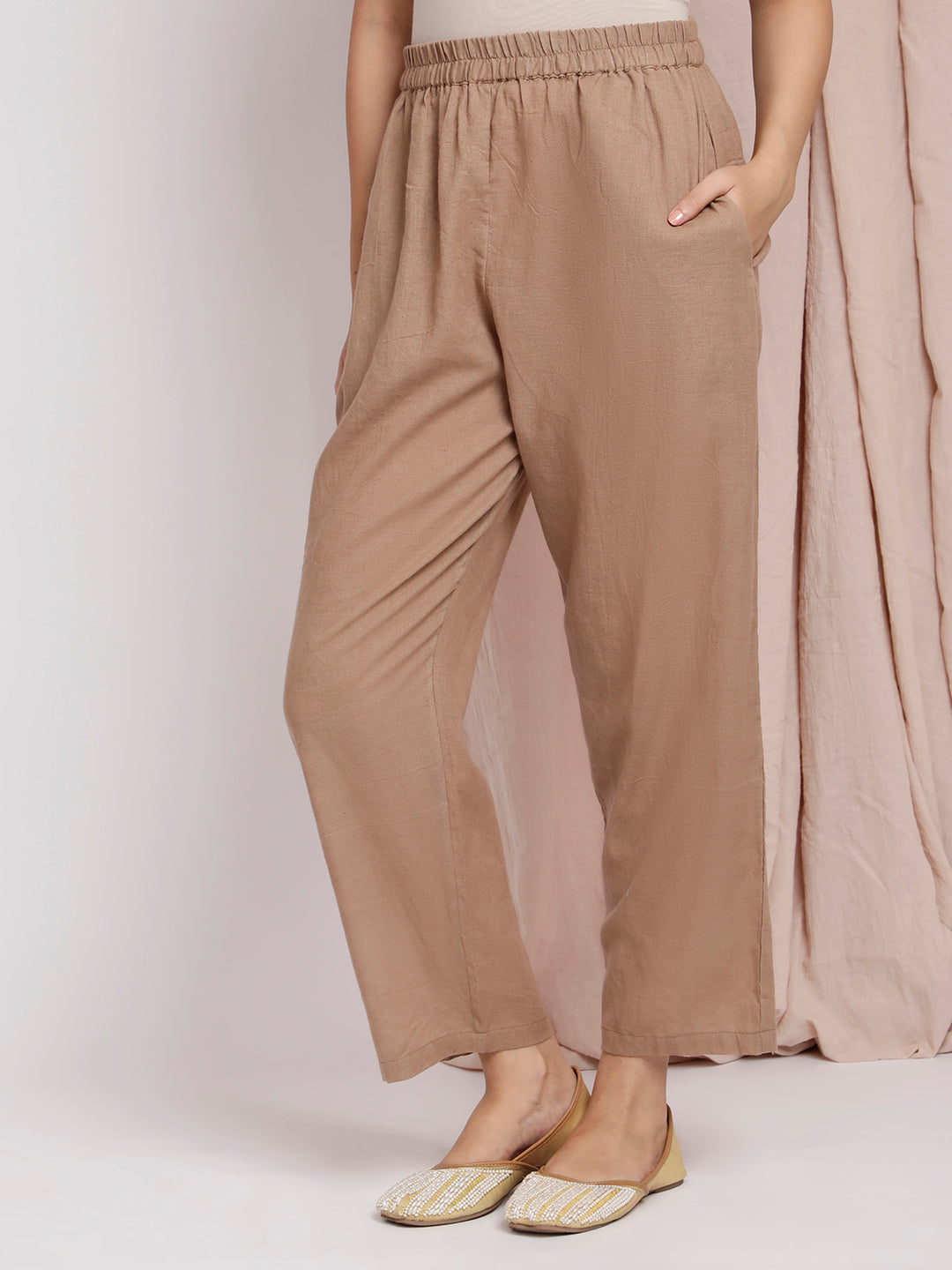 BROWN CUTWORK EMBROIDERED COTTON PANTS