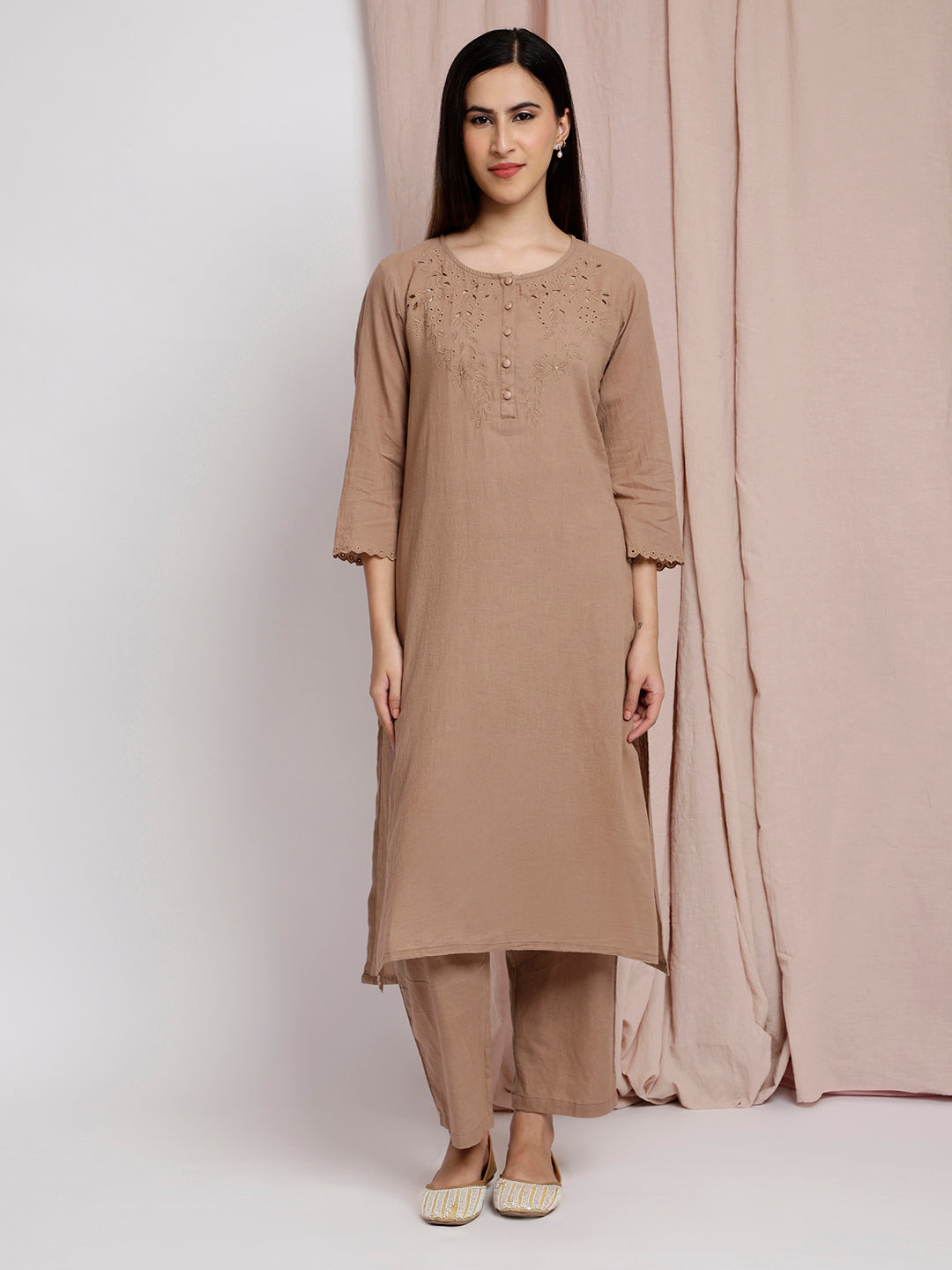 Chickoo Color Cotton Blend Mandarin Neck Embroidery Work |Kurti | Party  wear indian dresses, Kurti, Lehenga collection