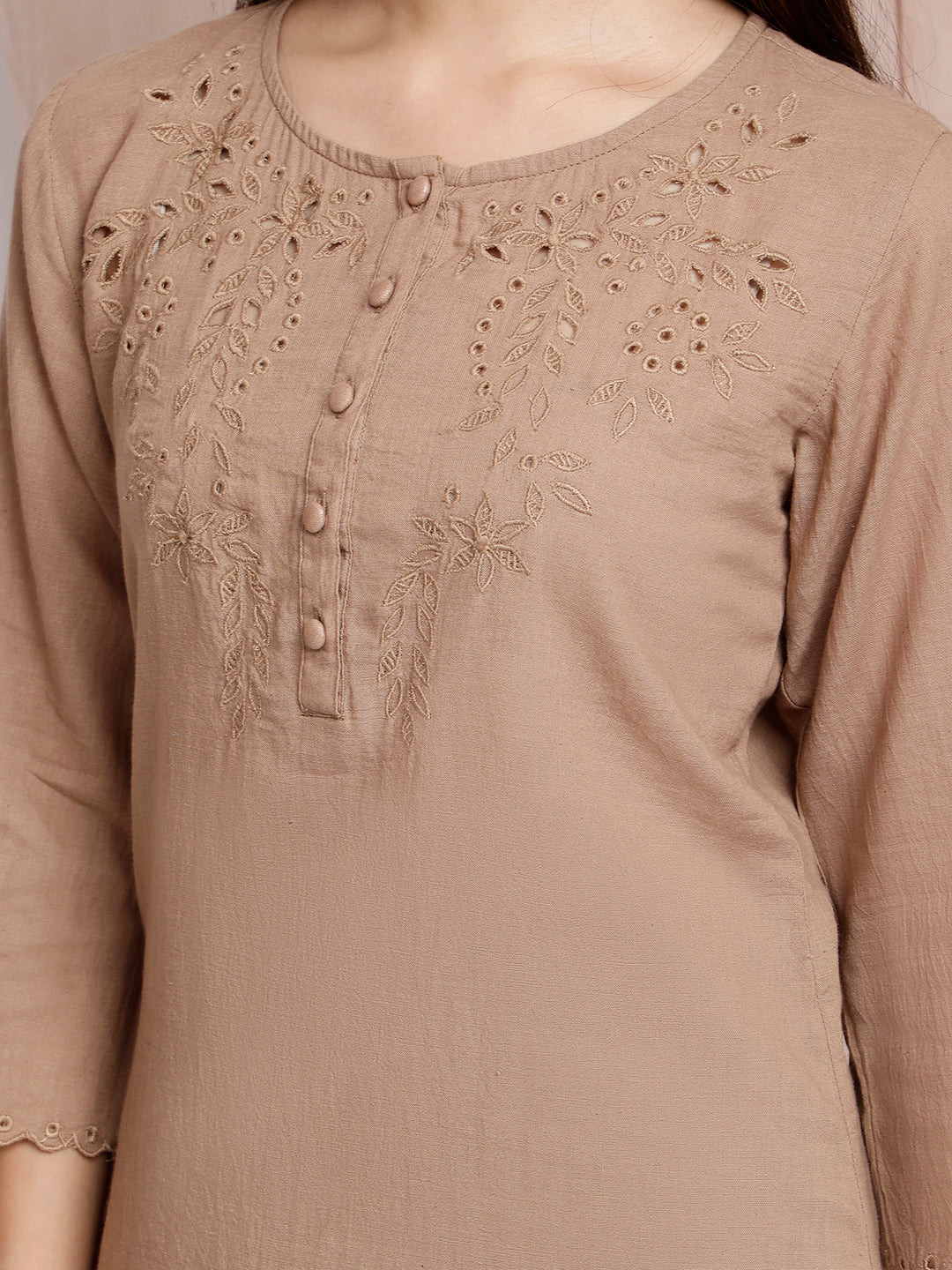 BROWN CUTWORK EMBROIDERED COTTON KURTA WITH PANTS