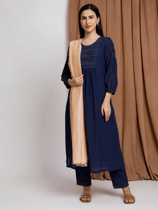 NAVY BLUE COTTON SILK PLEATED KURTA WITH PANTS