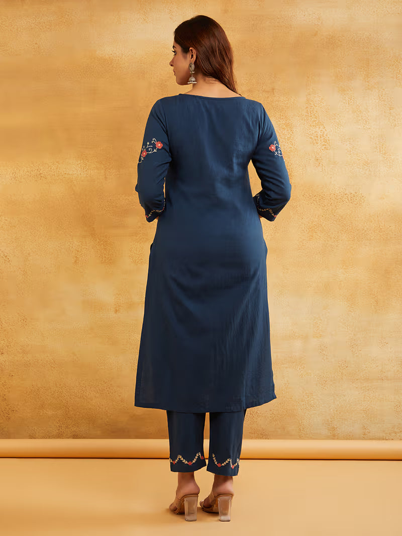 Blue Embroidered Cotton Linen Kurta with Pants