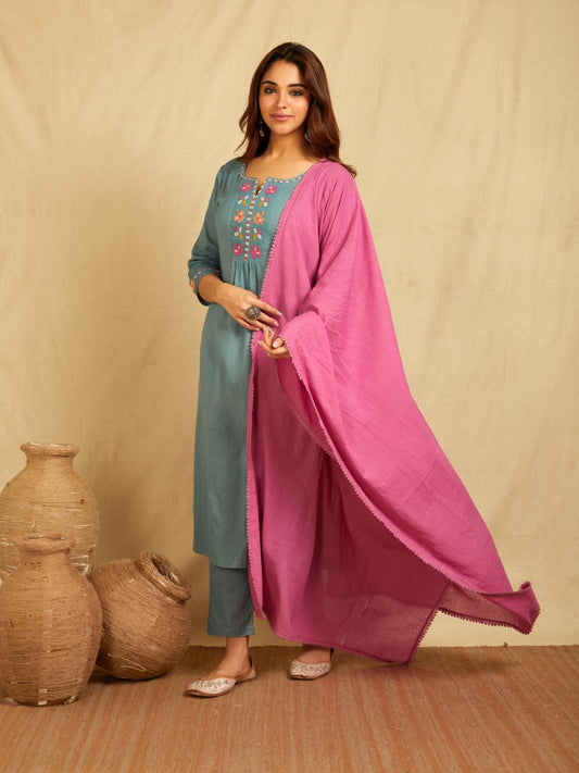 Blue Embroidered Cotton Linen Kurta with Pants and Dupatta