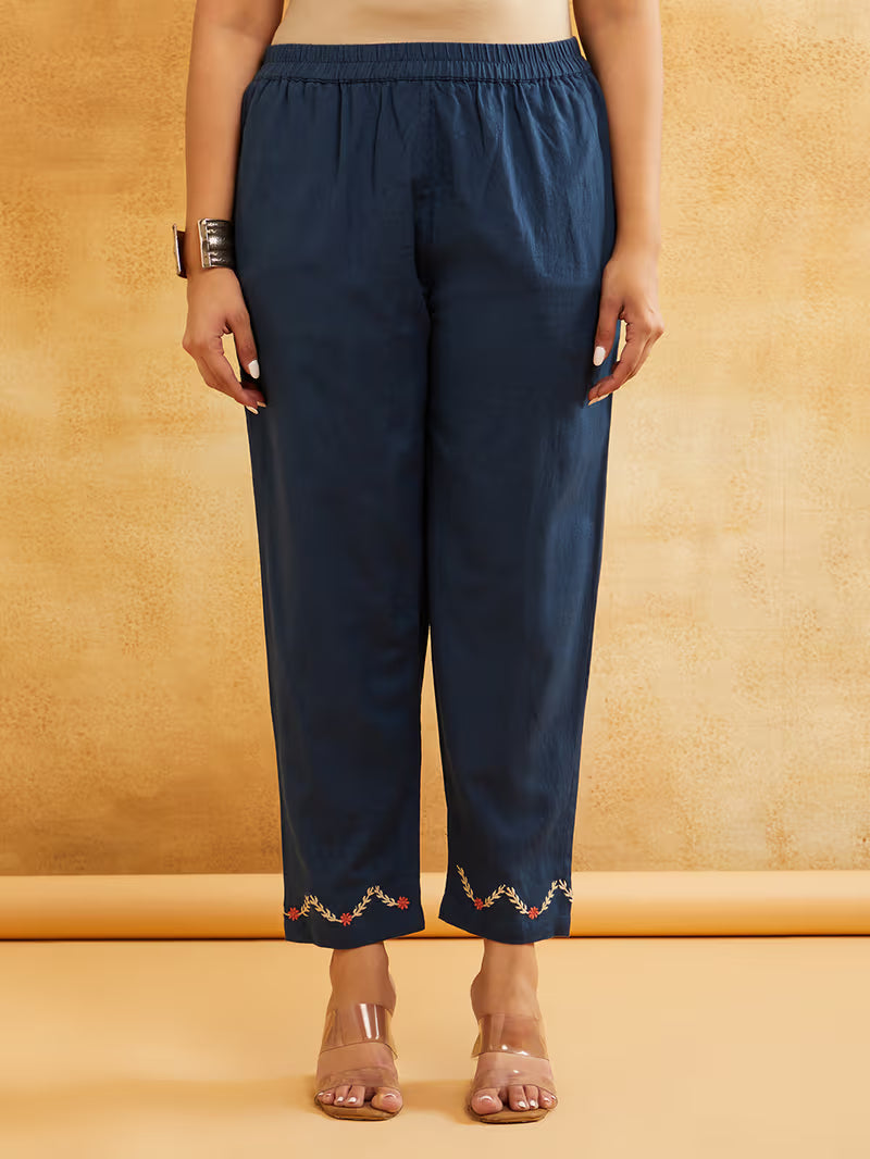 Blue Embroidered Cotton Linen Kurta with Pants