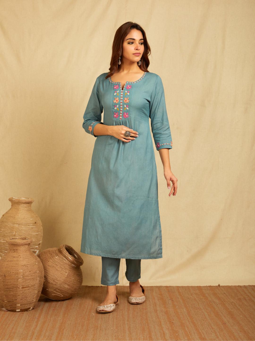 Blue Embroidered Cotton Linen Kurta With Pants - Set of 2