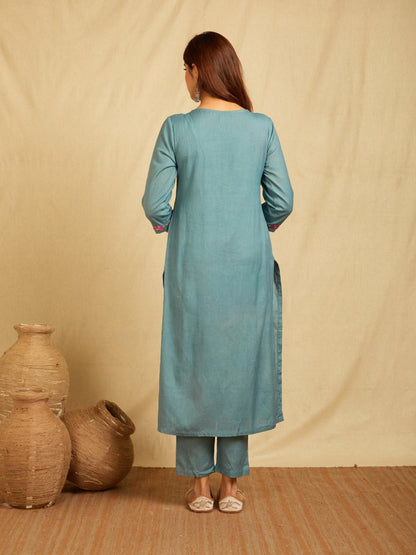 Blue Embroidered Cotton Linen Kurta With Pants - Set of 2