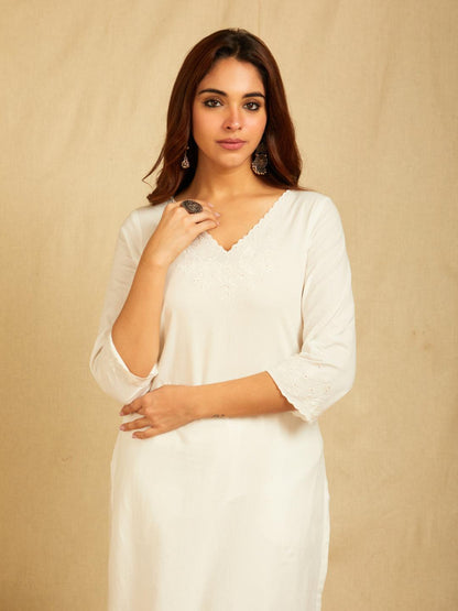 White V-Neck Ebroidered Kurta With Pants And Embroidered Dupatta
