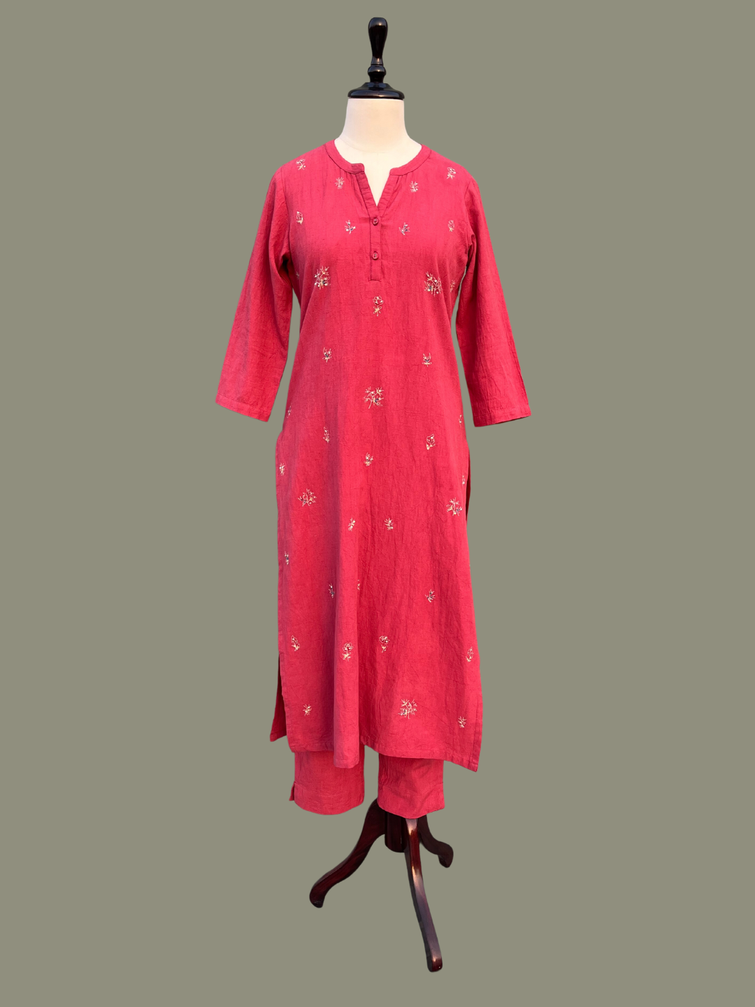 RUSTY RED COTTON LINEN EMBROIDERED  KURTA WITH PANTS