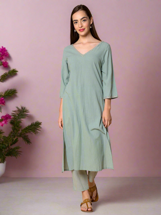 MINT GREEN EMBROIDERED COTTON KURTA WITH PANTS
