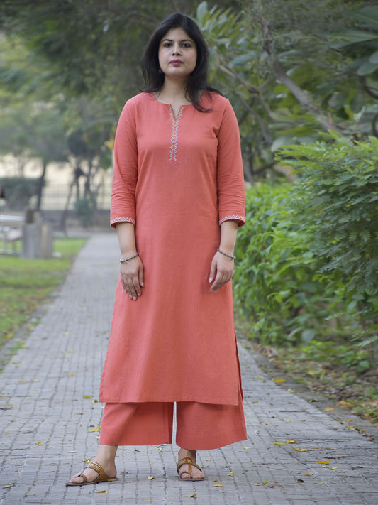 Coral Cotton Dobby Cross-Stitch Embroidered Kurta with Pants