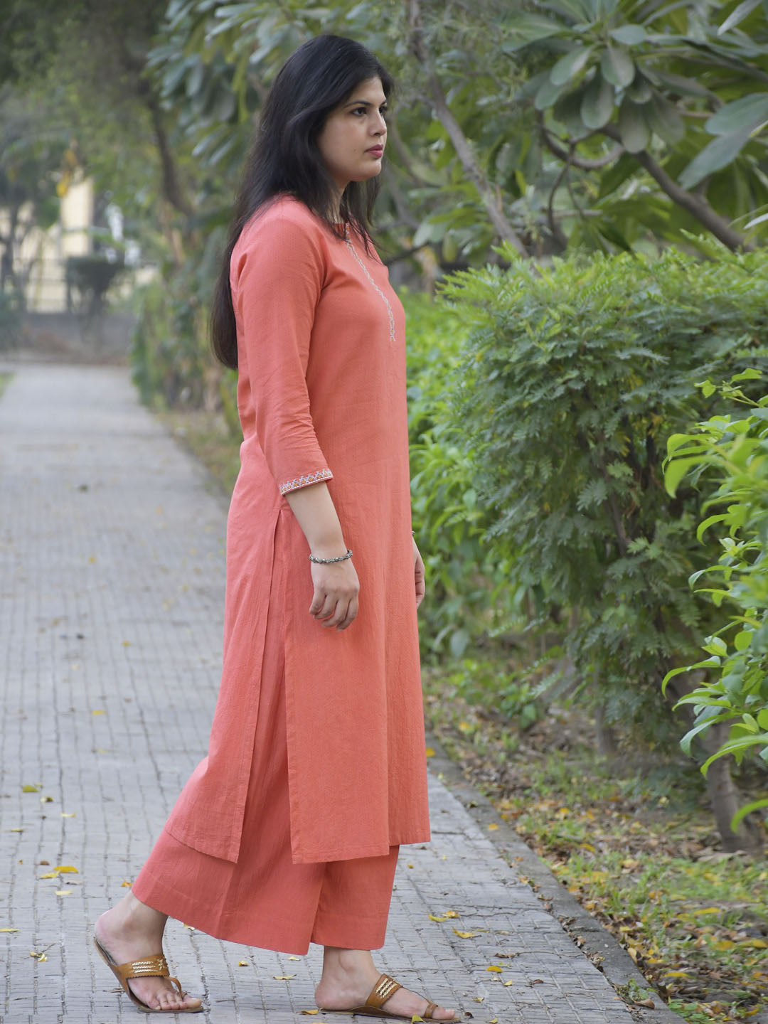 Coral Cotton Dobby Cross-Stitch Embroidered Kurta with Pants