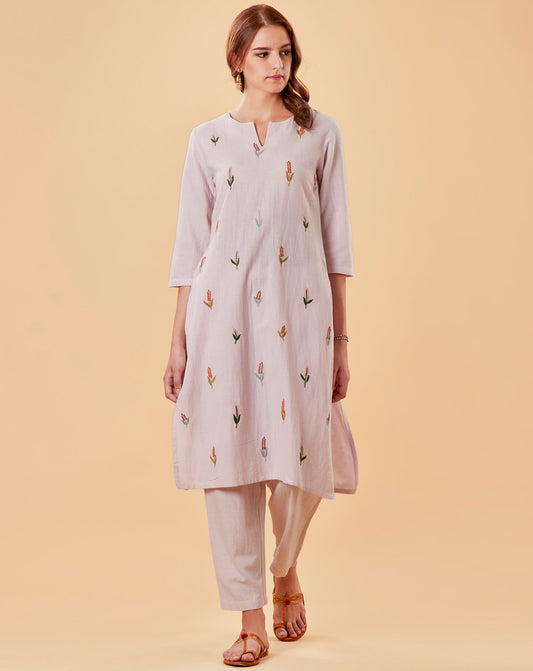 LIGHT PINK EMBROIDERED COTTON LINEN KURTA WITH PANTS