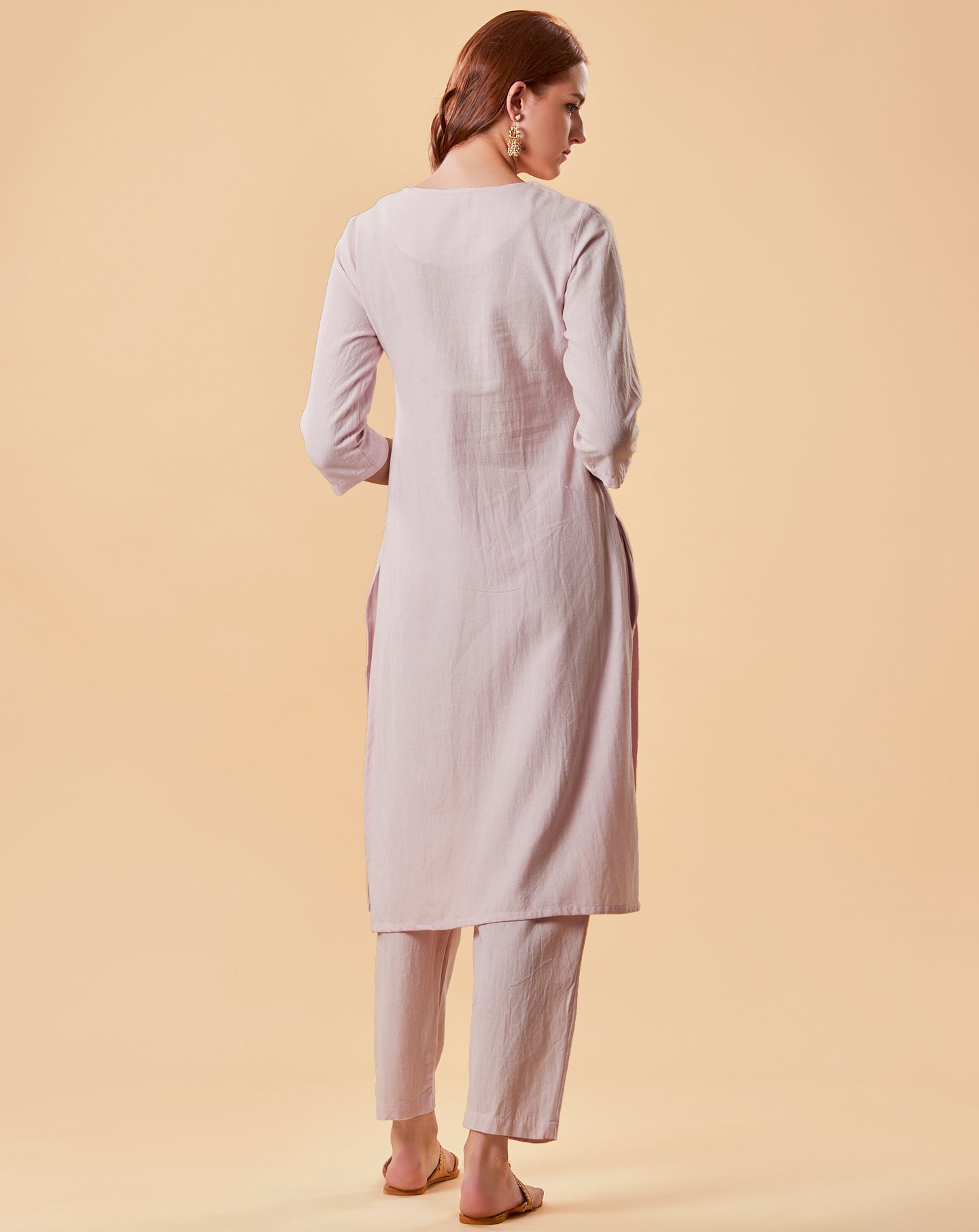 LIGHT PINK EMBROIDERED COTTON LINEN KURTA WITH PANTS