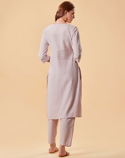 LIGHT PINK EMBROIDERED COTTON LINEN KURTA WITH PANTS