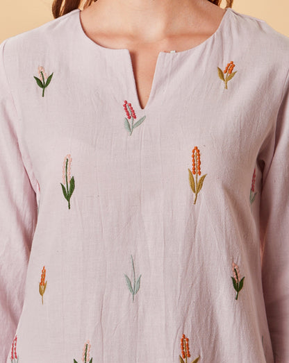 LIGHT PINK EMBROIDERED COTTON LINEN KURTA WITH PANTS
